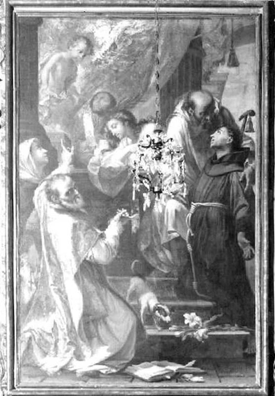 Santa Margherita da Cortona, Beato Andrea Avellino, Sant'Antonio da Padova, Sant'Antonio Abate, Santa Maria Maddalena e altro Santo martire adoranti il Bambino - Fontevivo, Parma